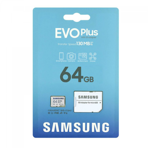 Samsung EVO PLUS microSDXC 64GB UHS-I U3 A2 V30 class 10 memory card + adapter for SD